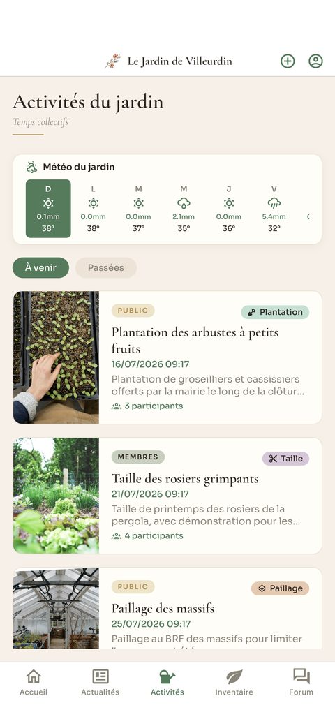 Écran Activités de l'application Cabanon