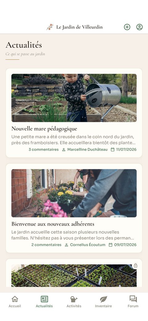 Écran Actualités de l'application Cabanon