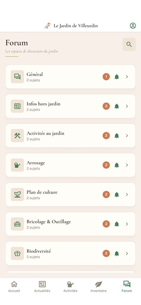 Écran Forum de l'application Cabanon