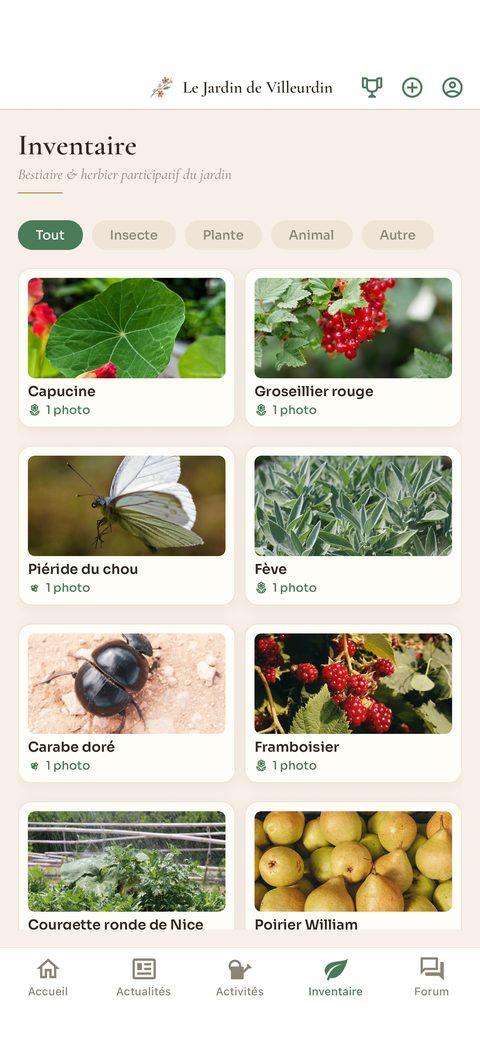 Écran Inventaire de l'application Cabanon